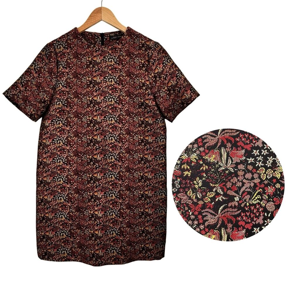 Zara Woman Shift Dress S Textured Floral Short Sleeve Structured Career Tapestry